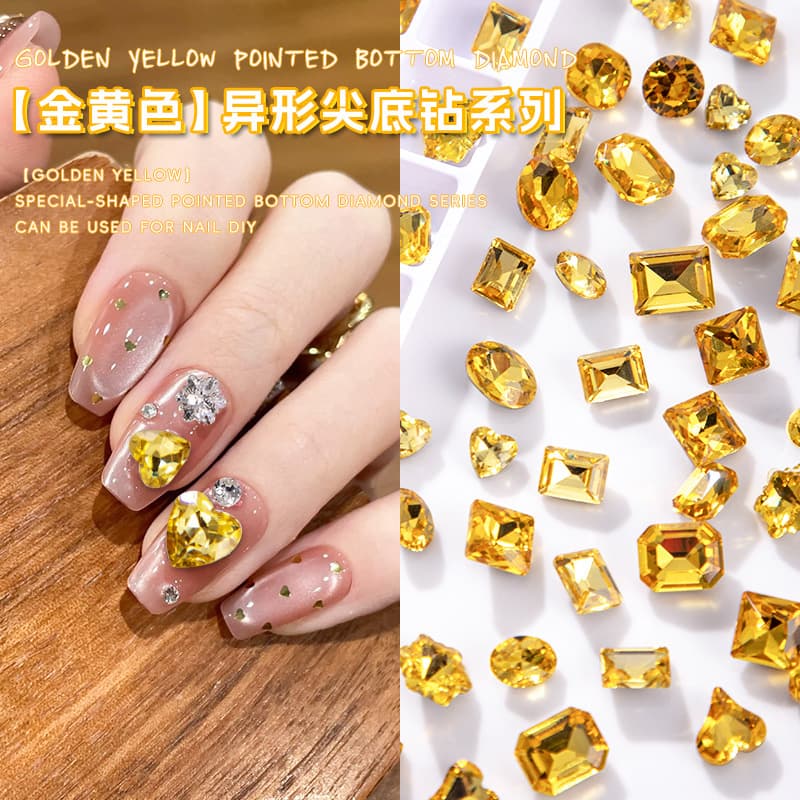 DIY Wearable Nails Gold Yellow Nail Art with Rhinestones Silver-Plated Base Irregular Yellow Pointed Bottom Oval Fat Square Nail Art Accessories