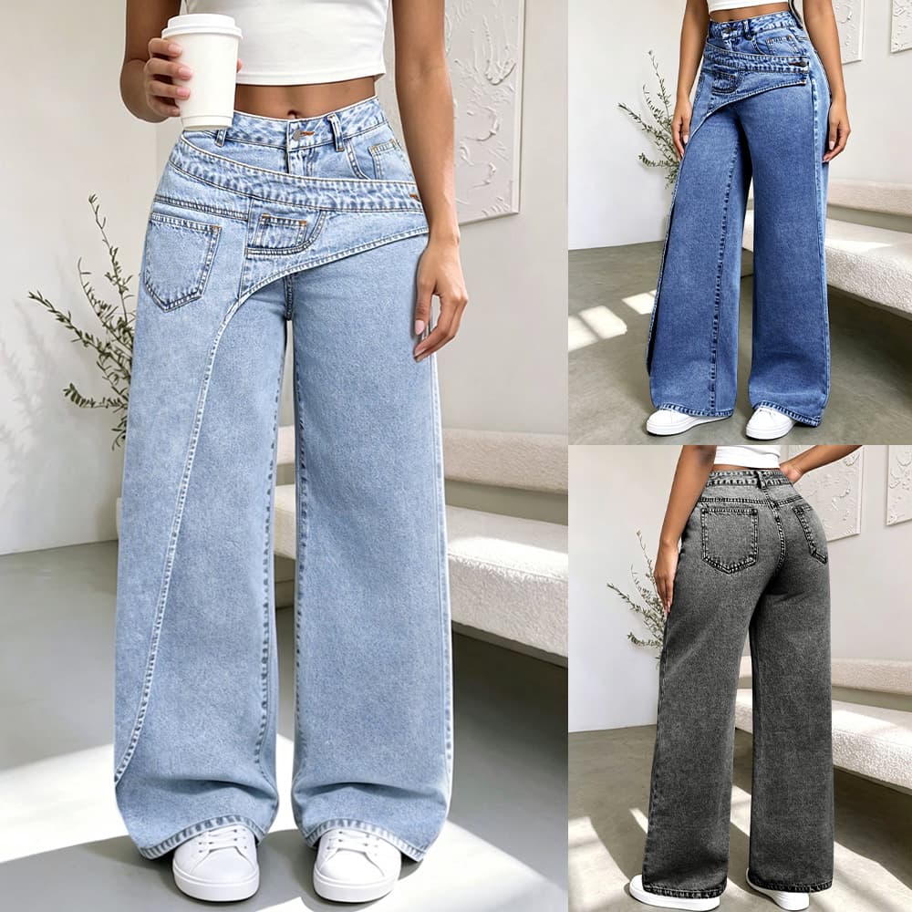 Cross-border European and American Trendy Design Wide-Leg Jeans for Women Irregular High-Waist Washed Casual Long Pants Factory Direct
