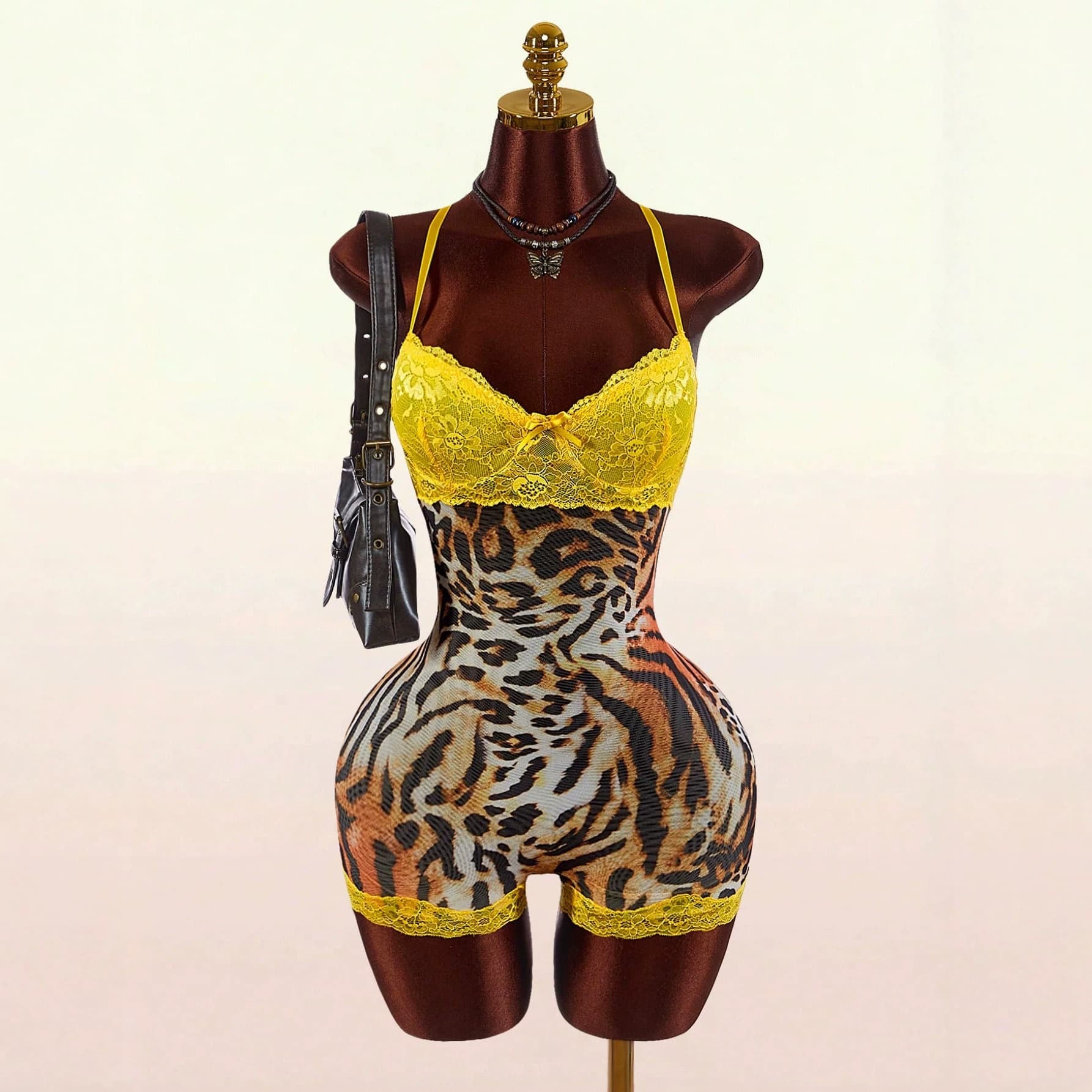 Autumn new European and American retro fashion slim sexy waist printed deep V lace splicing suspender jumpsuit for women