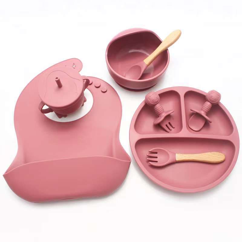 Cross-border Food-Grade Silicone Children's Feeding Set, Including Bib, Spoon, Fork, Bowl, Baby Complementary Food Supplies