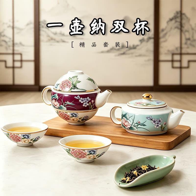 High-end national trend bone china portable tea set outdoor exquisite travel tea set 1 pot 2 cups set camping quick cup