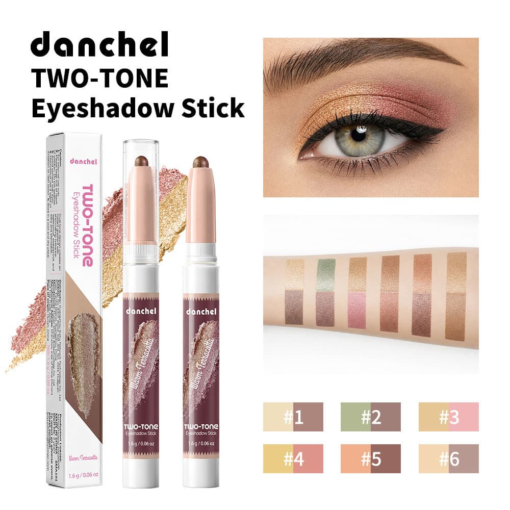 Cross-border makeup danchel two-color eyeshadow pen gradient not easy to remove makeup pearlescent fine sparkle brightening color eyeshadow stick
