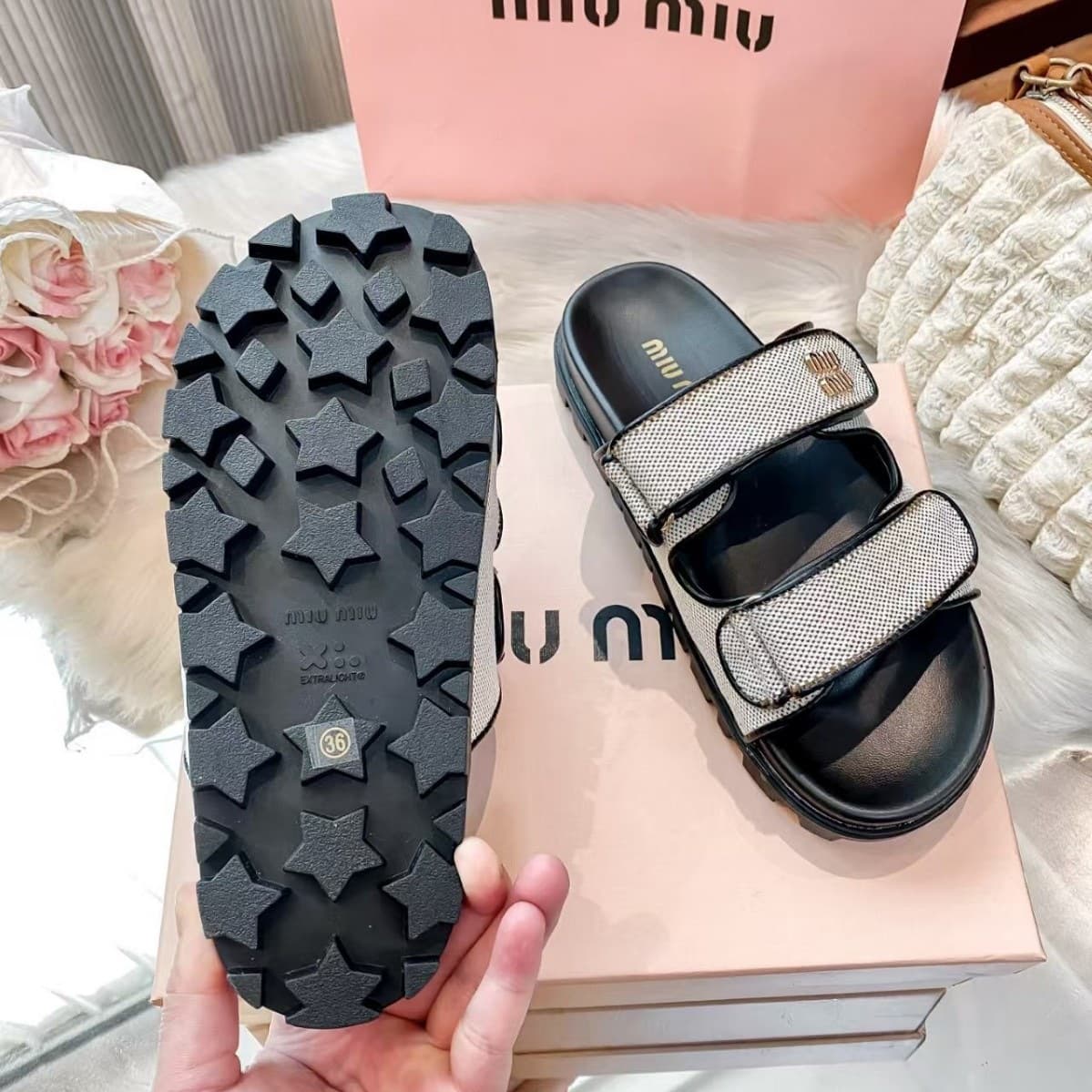 Women's Slide Sandals with Hook-and-Loop Closure, Thick-Soled Sandals, Versatile Canvas Casual Summer New Style, Miu Miu Style Cross-Border Foreign Trade 2026