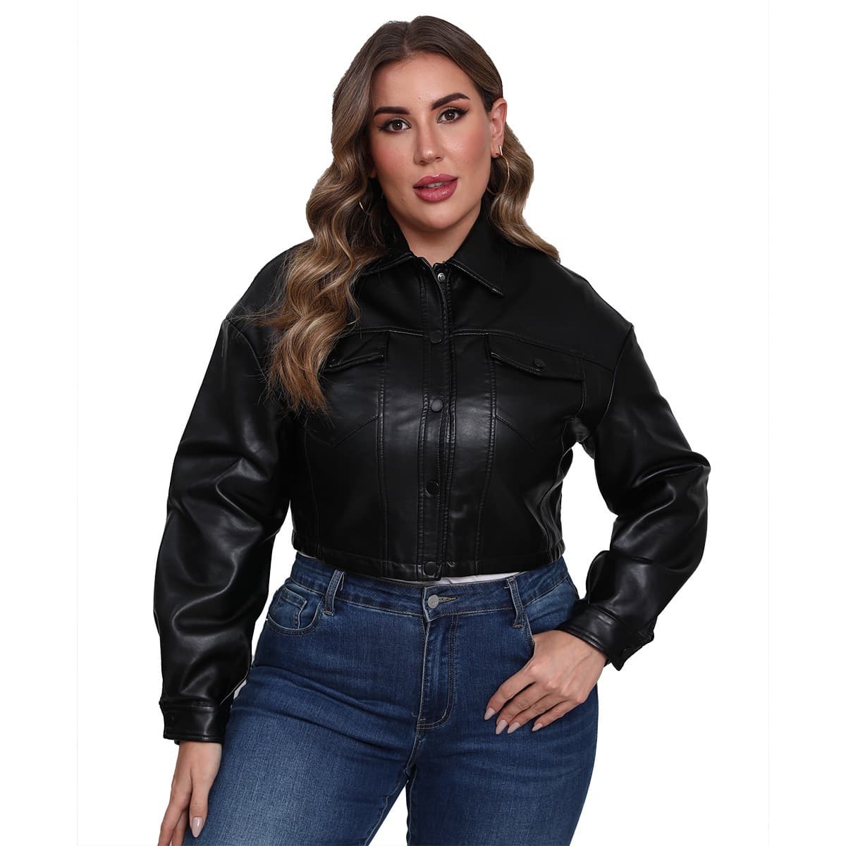 Chunqiu Dama PLUS New Loose Casual Leather Jacket for Women Long Sleeve Single-Breasted Short Coat Plus Size