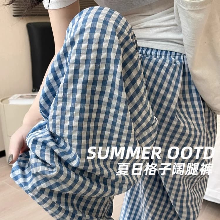 Blue Plaid Wide-Leg Pants for Women, Autumn Lightweight, Petite Casual Trousers, Loose Relaxed High-Waist Slimming Yohji Pants