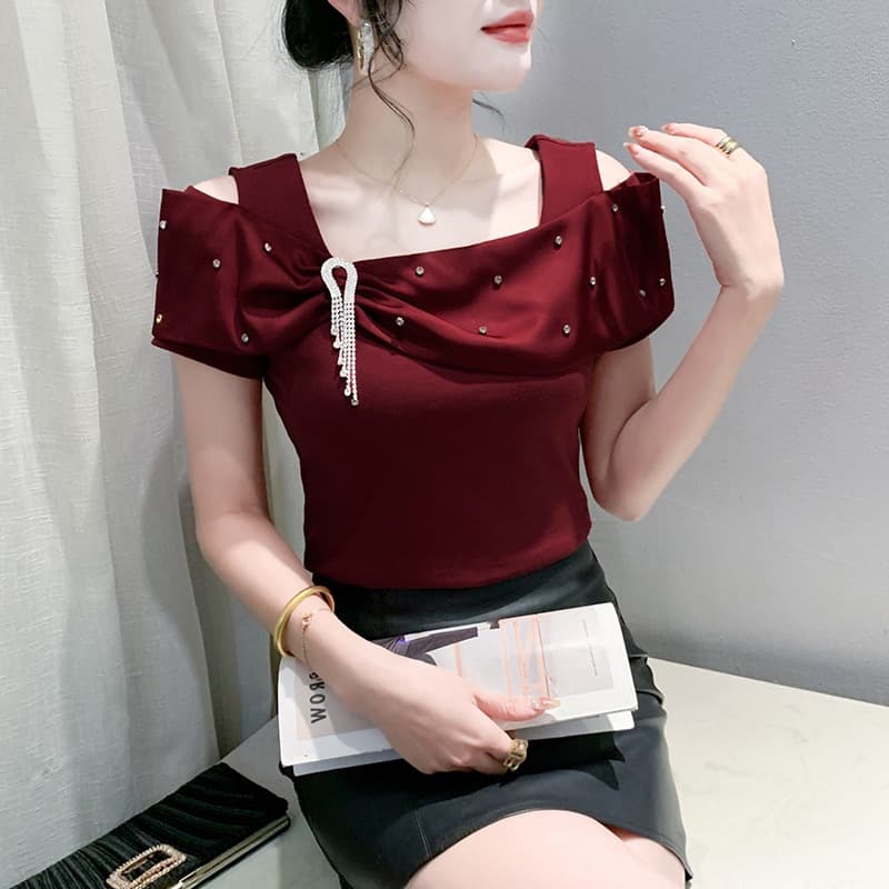 Fashionable 2024 Summer New Women's T-Shirt With Embroidered Ruffle Edges And Short Sleeves Slimming Off-The-Shoulder Top