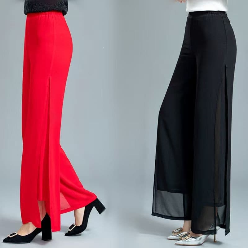 Double-layer chiffon wide-leg pants for women, high-waisted 2025 new style drapey wide-leg skirt pants, square dance slit pants, loose