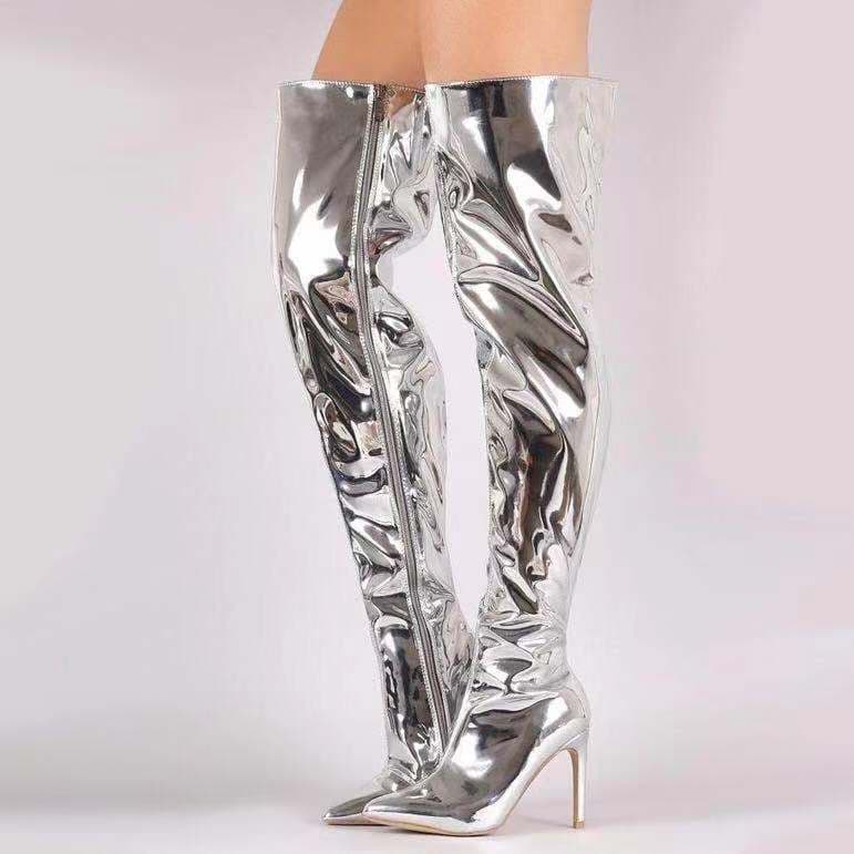 In Stock Autumn Winter Thin Heel Pointed Toe Sexy Mirror Patent Leather Women Over-the-Knee Boots Catwalk Long Boots Plus Size High Heels