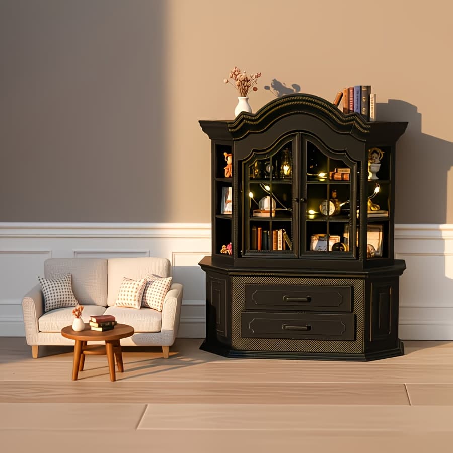 3D Printed Cross-Border Bestseller Dollhouse Miniature Ornament Double-Door Vintage Cabinet Bookcase Display Shelf Craft