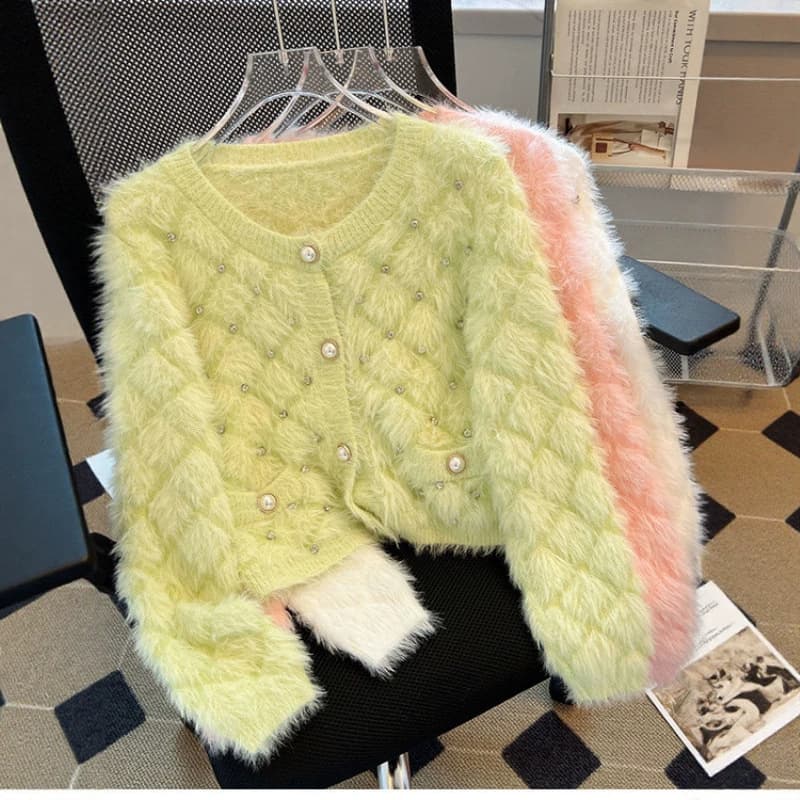 Korean style imitation mink fur beaded knitted sweater women's cardigan 2026 autumn and winter new round neck fashionable casual top jacket