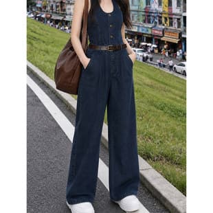 American Retro Denim Overalls Women Summer New Loose Straight Leg Slimming Age-Reducing Jumpsuit Long Pants