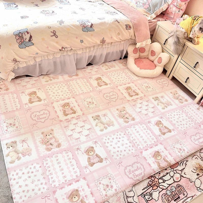 Pink and cute floral bear imitation cashmere carpet girly heart bedroom room bedside layout large area floor mat