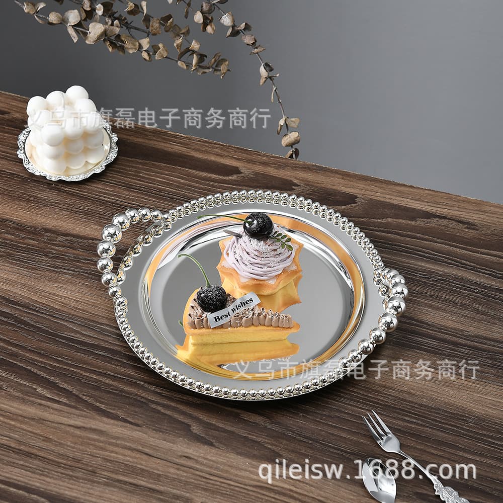 ins European style exquisite metal silver-plated round tray decorative plate fruit cake tray baking wedding party decorations