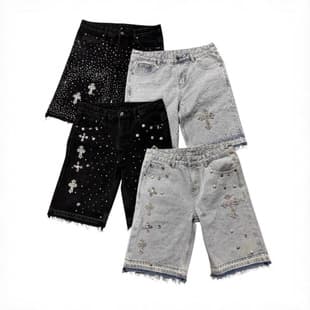 European and American Cross-border High Street Full Rhinestone 2025 New Hip Hop Cross Straight Leg Rhinestone Denim Shorts, Five-Point Jeans