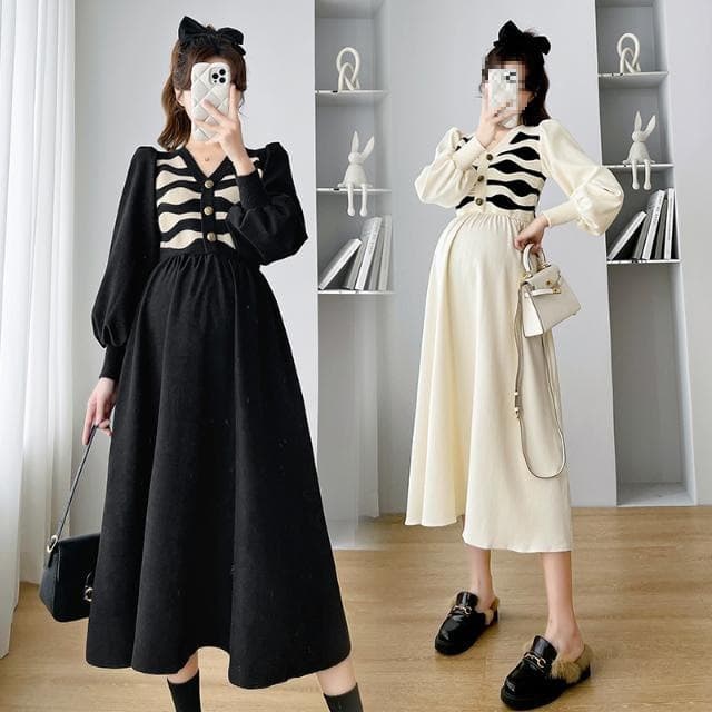 New autumn maternity dress with knitted patchwork design, high-waisted, slimming, and elegant long skirt.