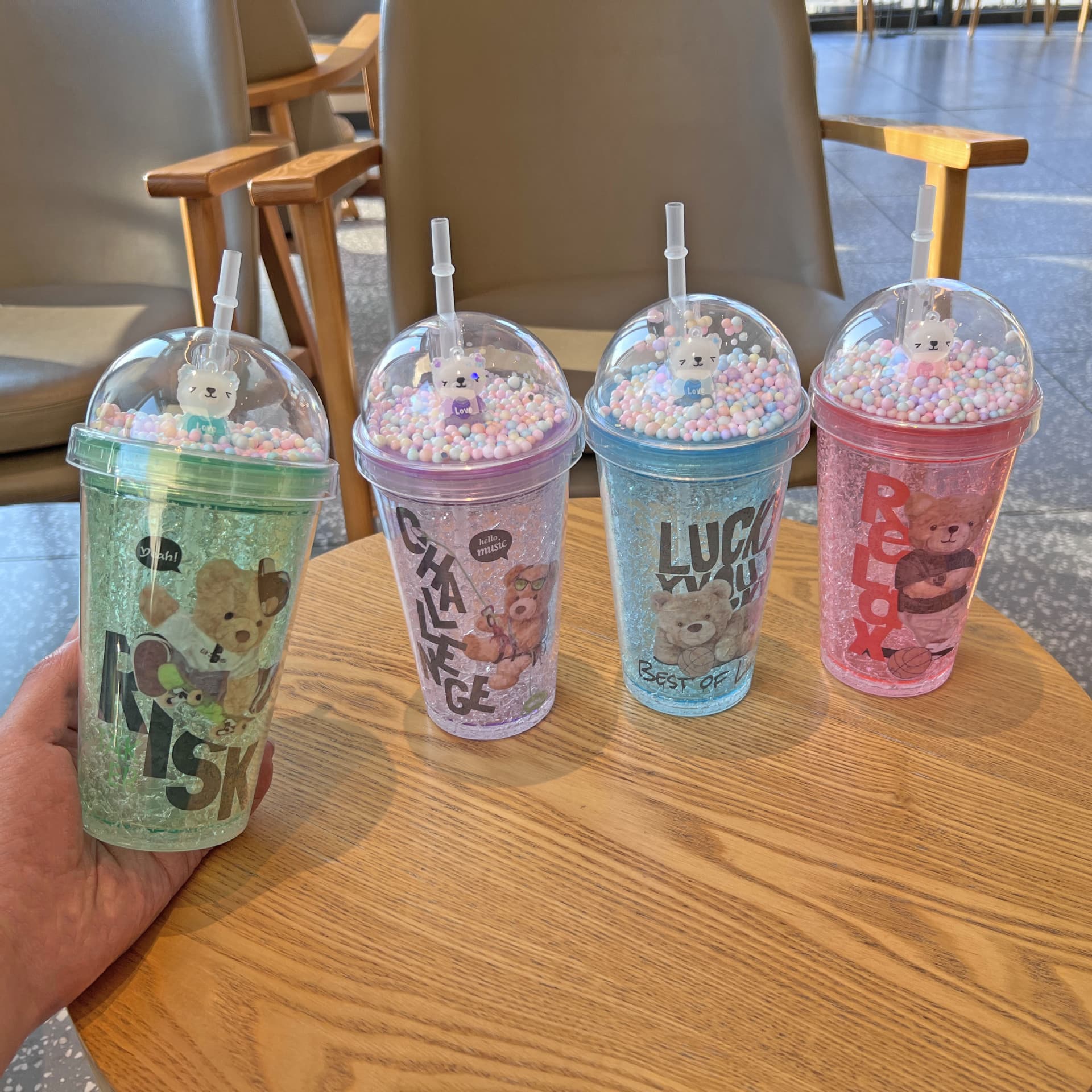 New Cross-Border Cartoon Bear Cup Double-Layer Plastic Water Bottle Cute Kids Portable High-Appearance Straw Cup Ice Crusher Cup
