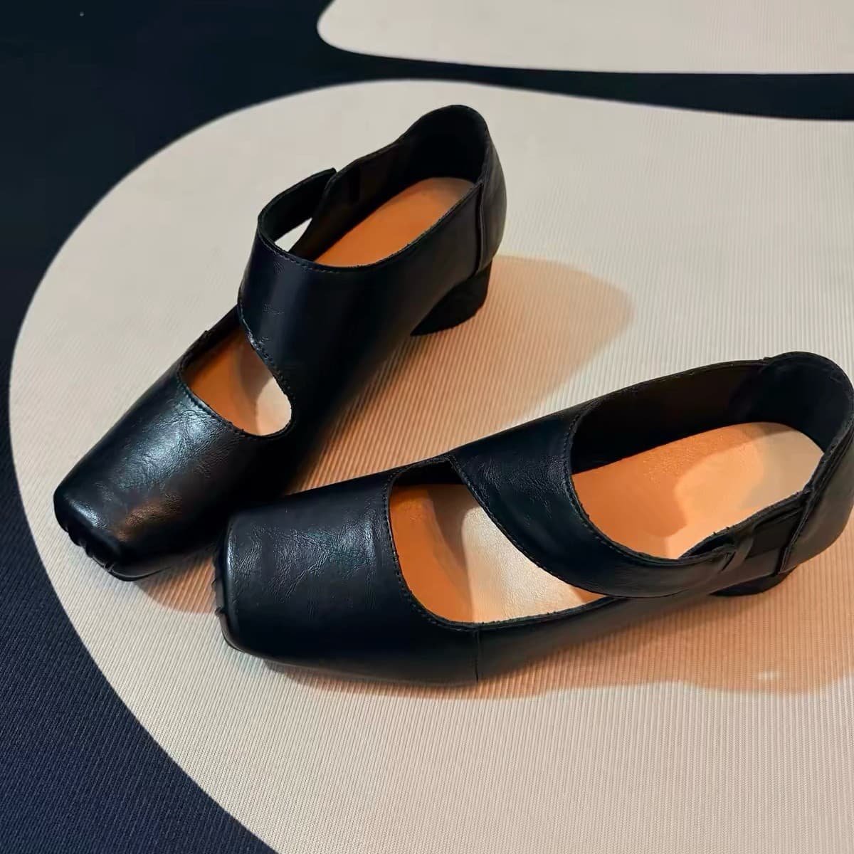 Horse Leather French Genuine Leather Square Toe Chunky Heel Mary Jane Shoes Women's Vintage Ballet Flats Leather Shoes