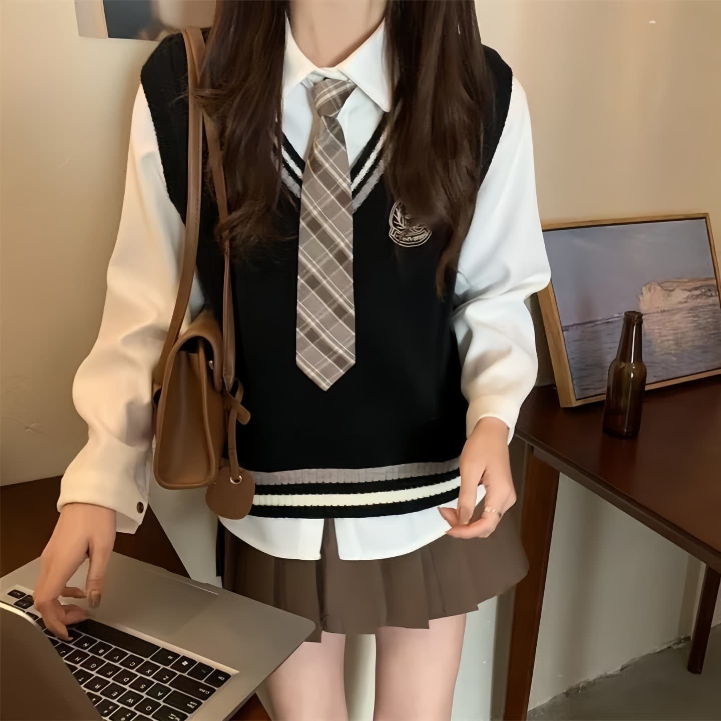 Student ID Photo Sweater Knit Vest Layered with Shirt, JK Uniform Pleated Skirt Set, Academic Style Clothing