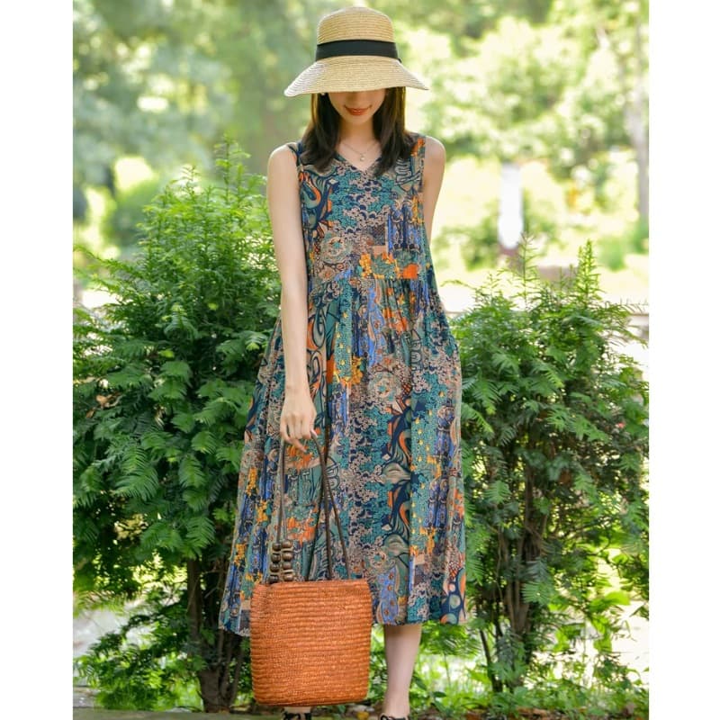 Cross-border 2026 Summer Artistic Loose Plus Size Women's Dress Printed V-Neck Sleeveless Travel Vacation Beach Dress