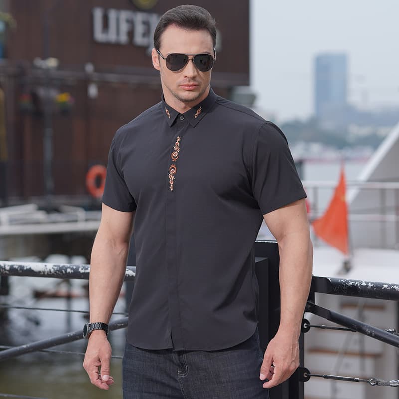 Cross-border Big Size Men's Short Sleeve Shirt Summer New Loose Casual Embroidered Shirt for Plus Size Men