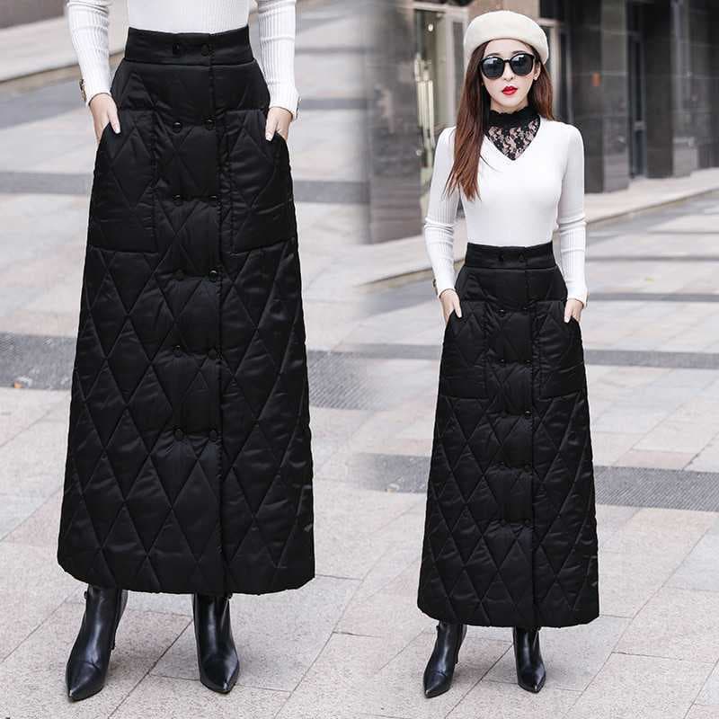 Real shot of the new down-filled cotton midi skirt, thickened, A-line, double-breasted, one-piece warm cotton bodycon long skirt.