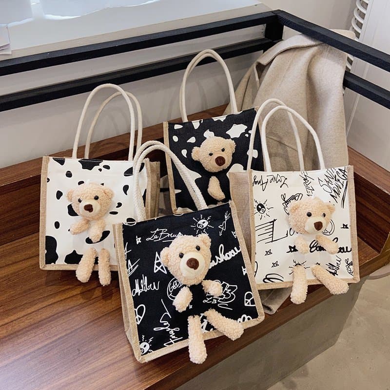 2023 New Simple Fashionable Cute Bear Cartoon Canvas Handbag Trendy Tote Bag For Women Ladies Handbag Fashion Accessory