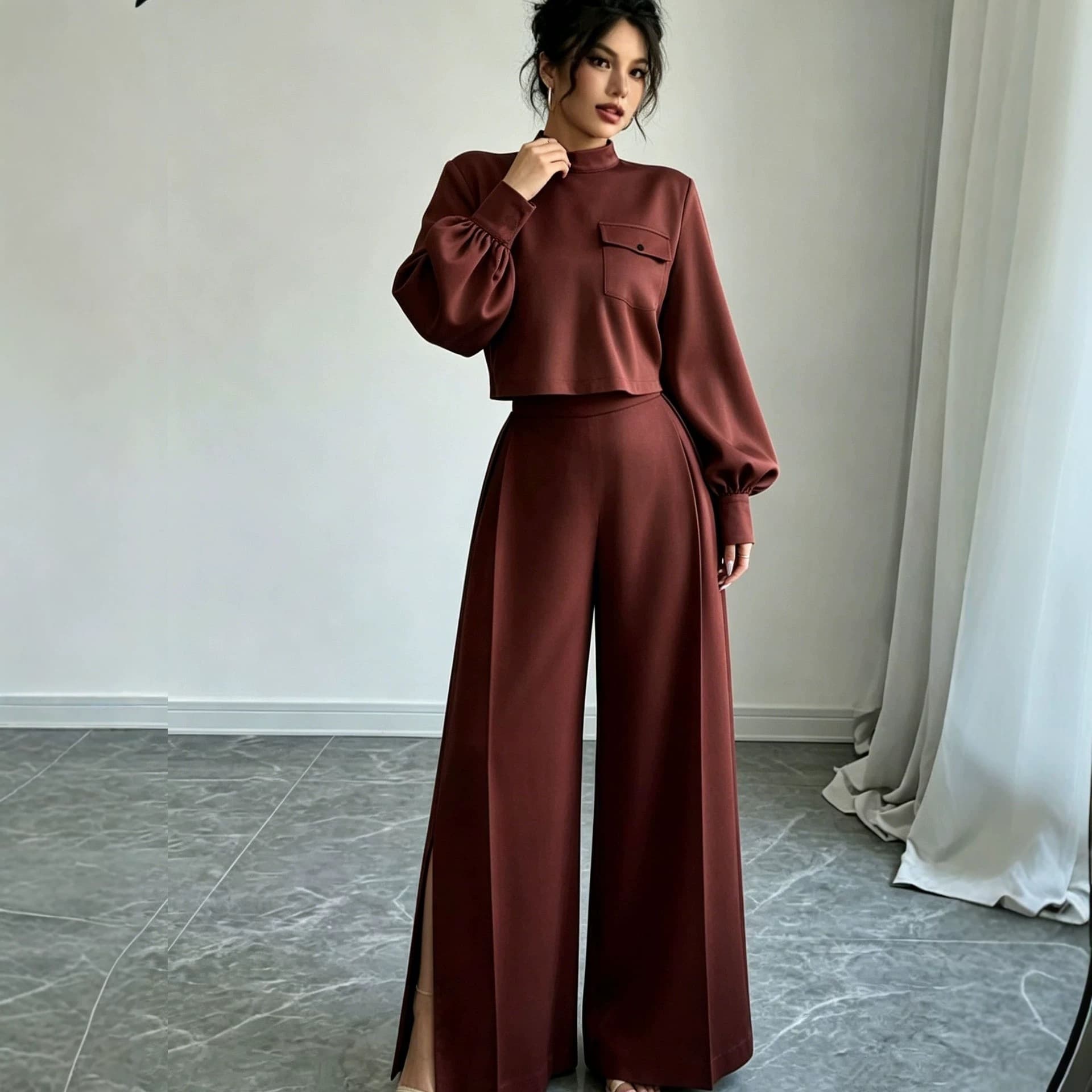 European and American Cross-Border 2026 Autumn Solid Color Wide-Leg Pants Set for Women, Loose Long-Sleeve Short Top Two-Piece Set, Fashion Casual