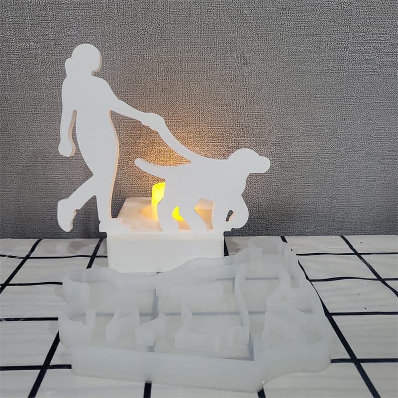 S0549R Woman Walking Dog Desktop Decoration Cement Plaster Mold DIY Silicone Mold