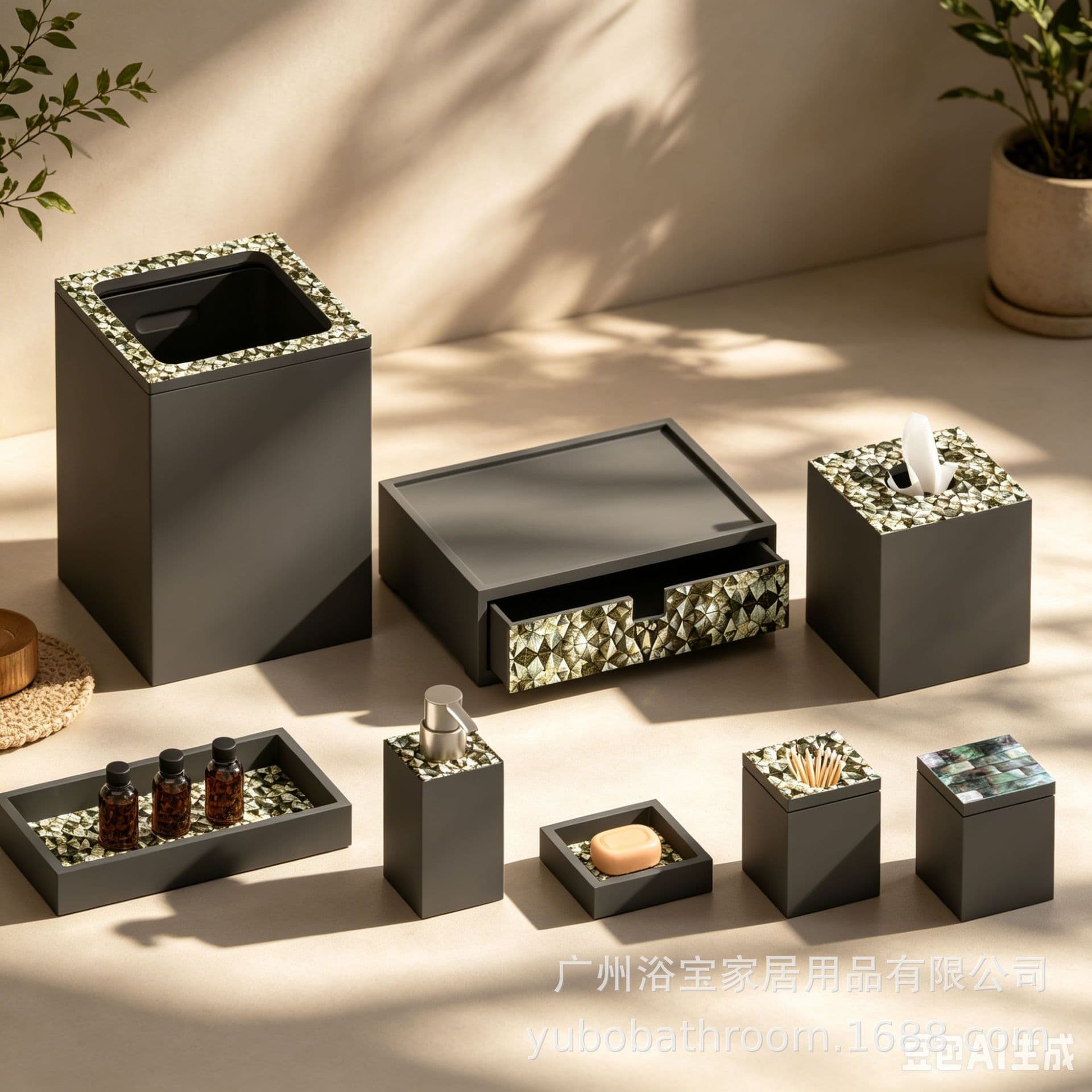 Cross-border hot selling Nordic hotel supplies resin tray tissue box cotton swab box shell Moxi series bathroom set