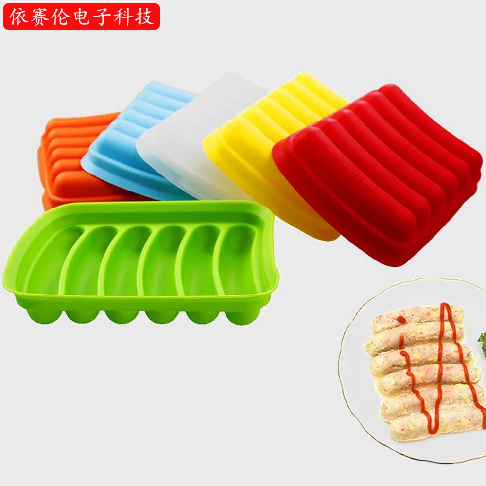 Six-compartment silicone sausage mold with lid, suitable for children's sausage baking, DIY baby food preparation.