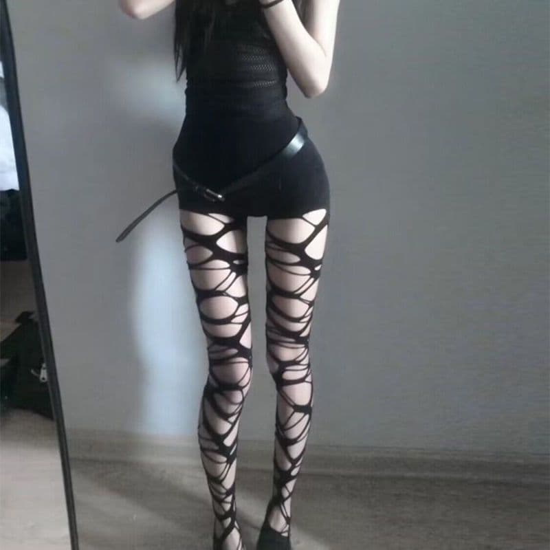 【BY】Homemade Gothic Punk Stockings, Sexy Girl Subculture Black Ripped Stockings, Base Layer Pantyhose