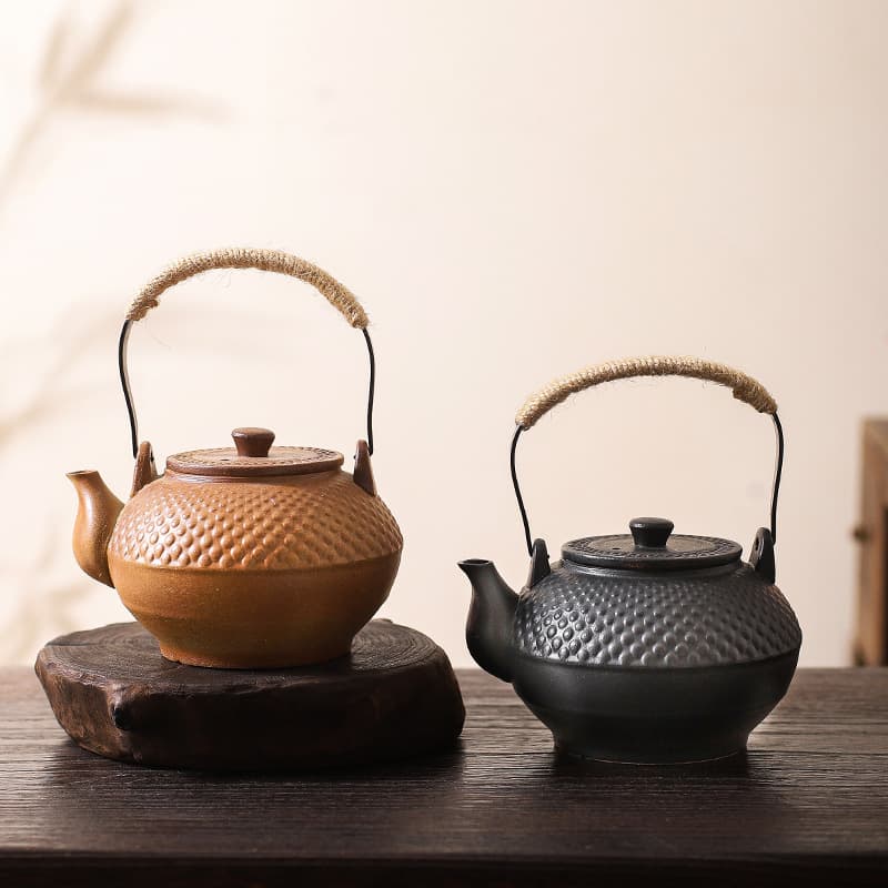 Teapot Stove-Top Tea Brewing Set, Coarse Clay Outdoor Charcoal Stove, Electric Ceramic Stove, Compatible with Open Flame or Candle, Lifting-Handle Tea Warmer