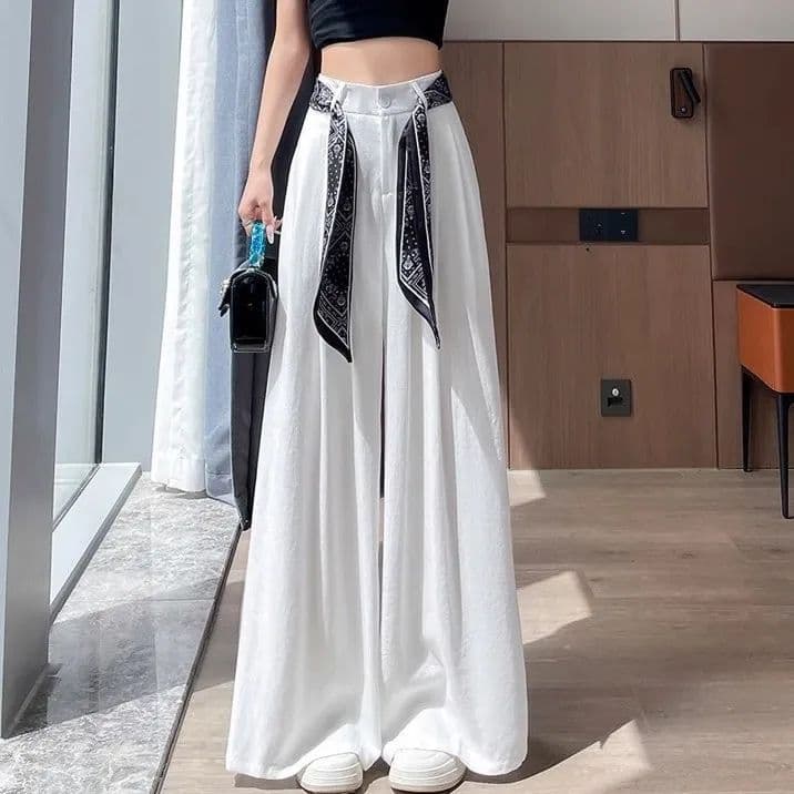 Tie-waist Ice Silk Cotton Linen Pants for Women Summer Thin 2025 New Floor-Length Straight-Leg Loose Casual Wide-Leg Trousers