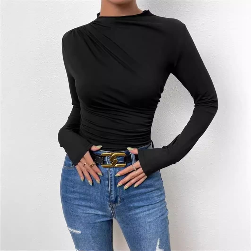 Cross-border Europe and America Spring/Autumn Solid Color Slim Fit Base Tee Versatile Commuter Crew Neck Long Sleeve Women's T-Shirt Casual
