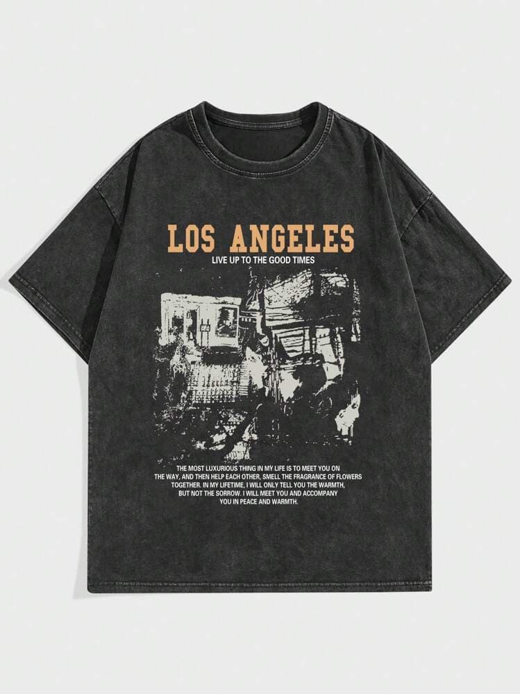 American Retro Sport Cotton Washed T-Shirt Hip Hop Gothic Short Sleeve Top Size Code Export Black