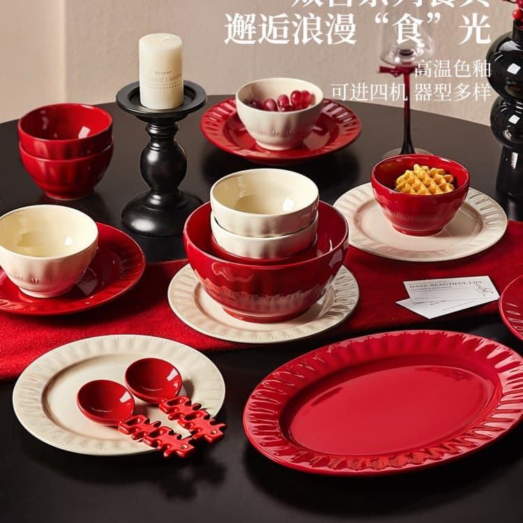 Wedding Tableware Rice Bowls New Ceramic Bowl and Plate Set Wedding Engagement Gift Red Plate Dish Plate