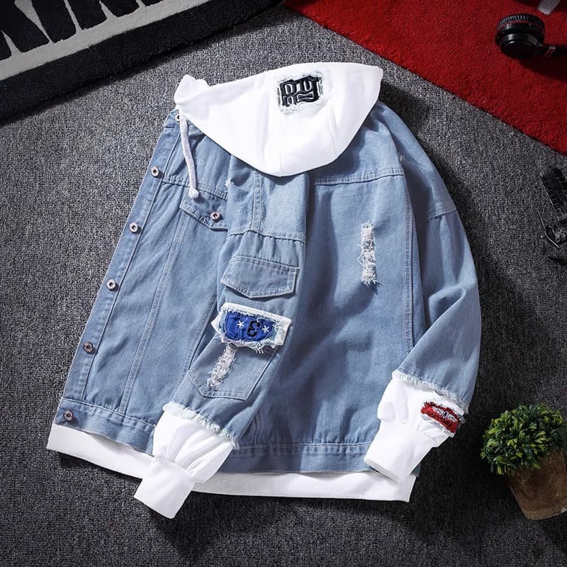 Autumn hooded denim jacket men's Korean style trendy casual all-match top spring and autumn couple fake two-piece jacket