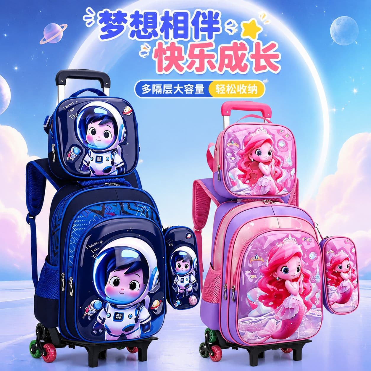 2026 New 3D Rolling Backpack for Elementary Students, Boys and Girls, Lunch Bag and Pencil Case 3-Piece Set, Children's Cartoon Dual-Shoulder Bag
