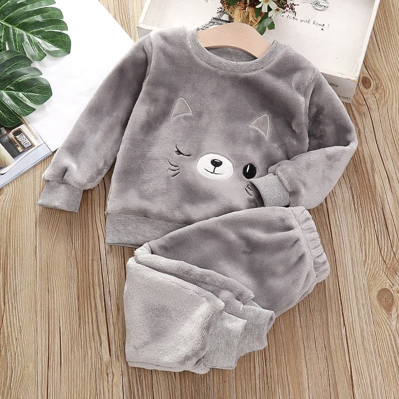 Boy's Flannel Suit Baby Clothes 1-3 Years Old Girl's Autumn and Winter Fleece-Lined Home Clothes Two-Piece Set