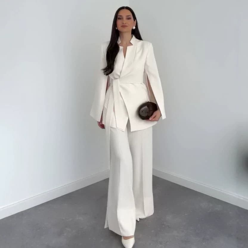 2026 new autumn European and American clothing stand collar workplace commuting lace-up long-sleeved suit jacket straight pants two-piece set