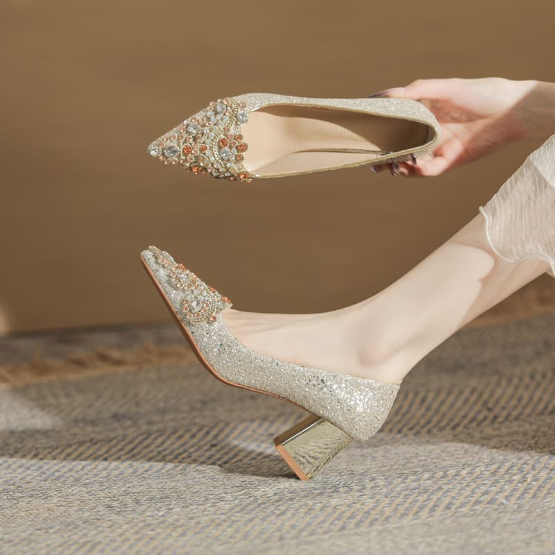 Jin Jin CH60-50 thick heel pointed sequined wedding shoes for women 2024 new spring and autumn single-layer shoes bridal shoes high heels for women