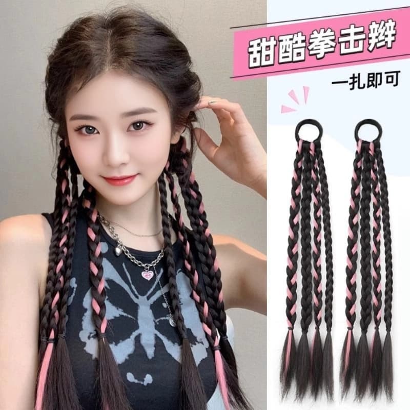 Boxing Braids Wig Dreadlocks Dyed Colorful Braided Wig 4-Strand Braid Sweet Cool Girl Group Double Ponytail Trendy