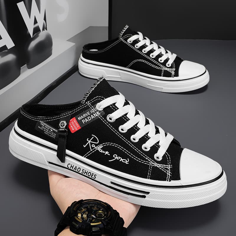 Men's Canvas Slip-On Semi-Slippers for Spring and Summer, Breathable Versatile Lazy Style Heelless Sports Leisure Trendy Shoes