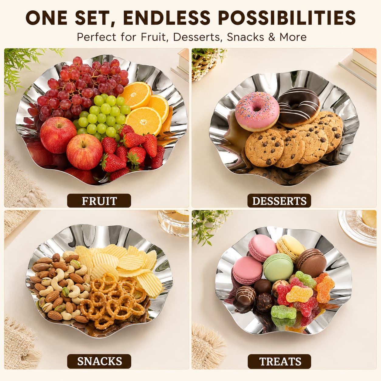 Wavy Ruffle Stainless Steel Tray Mirror Polished Fruit Plate Dessert Plate Snack Storage Tray Cross-Border Supply