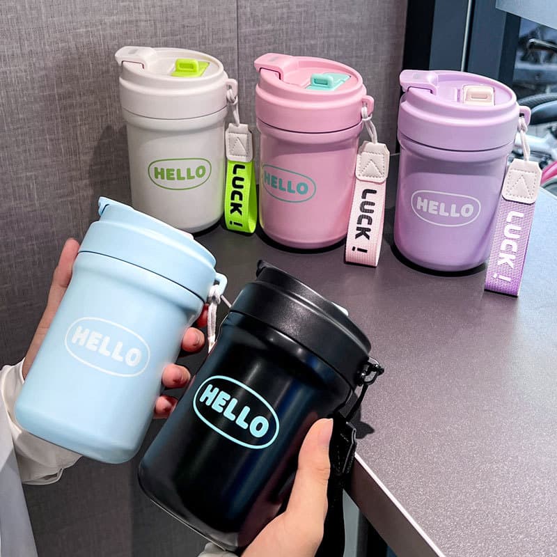 Simple Stainless Steel Thickened Coffee Thermos Cup Dual Drinking Cup Tea Infuser Straw Cup Portable Student Women's Cup Water Bottle