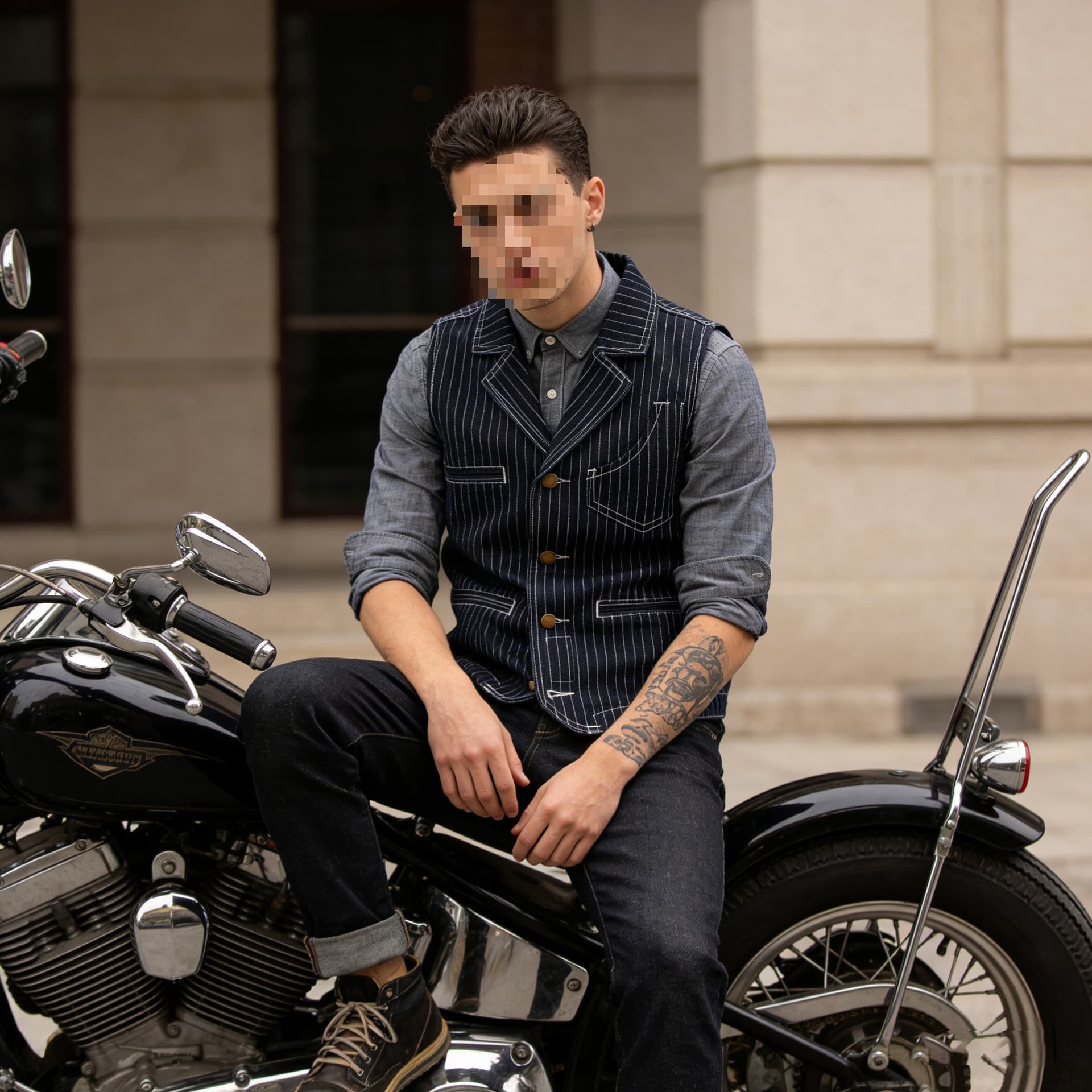 New Autumn/Winter Men's Striped Denim Vest, Suit Lapel Motorcycle Multi-Pocket Safari Vest, In Stock
