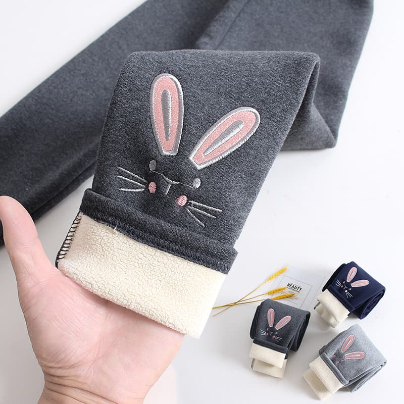 Winter Style Girls Fleece-Lined Thick Base Pants Pure Cotton Children Autumn/Winter Pants Cartoon Rabbit Embroidery Baby Long Pants
