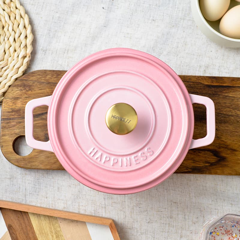 Small Happiness Cast Iron Enamel Pot 18cm Porcelain Cookware Stew Pot for Home, Stovetop and Induction Cooker Soup Pot