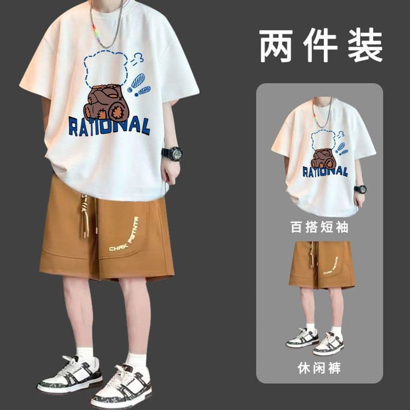 Summer Short Sleeve Shorts Set Men's Trendy Hong Kong Style Student Casual Sportswear Outfit