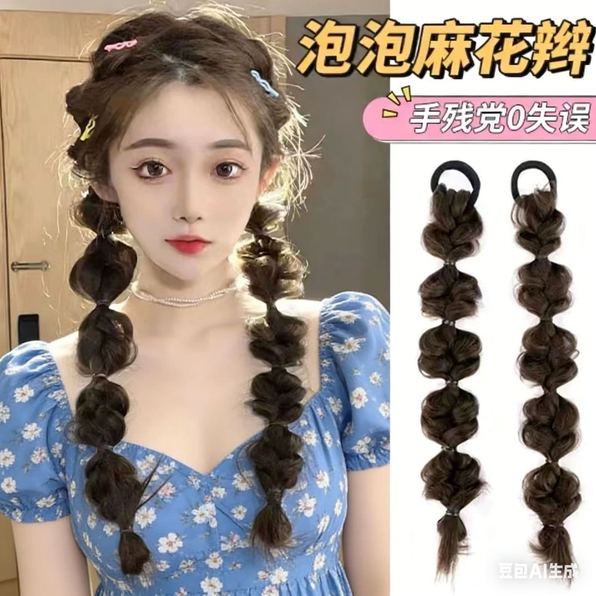 Women's Cute Cable Knit Ponytail Hair Extension Fluffy Bubble Ponytail Hair Piece Trendy Net Red Accessory